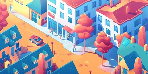 Sticker - Illustration of a City Street with People and Cars