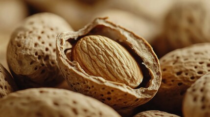 A close-up of almonds being cracked open to reveal the nut inside, with the shell and nut displayed together to showcase their natural texture and color.