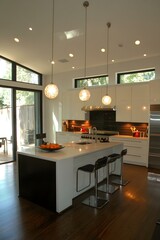 Wall Mural - Modern Kitchen Island With White Cabinets And Pendant Lights