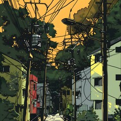 Sticker - Illustration of a Narrow Street in a City with Trees and Power Lines