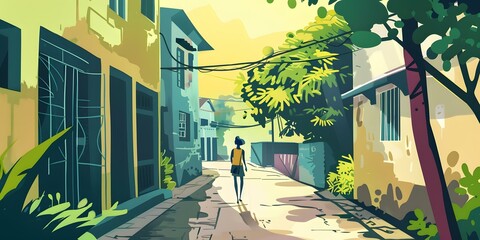 Wall Mural - Woman Walking Alone Down Narrow Alleyway