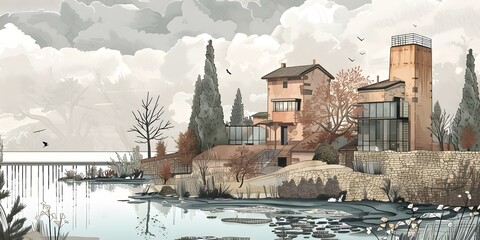 Poster - Watercolor Illustration of a House with a Tall Tower by a Lake