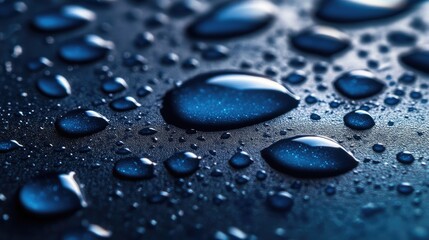 Poster - A close-up of blue water droplets on a smooth surface, with the blue color and the reflection of light creating a visually appealing pattern.