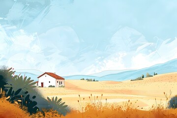 Wall Mural - Simple House in Countryside Landscape Illustration