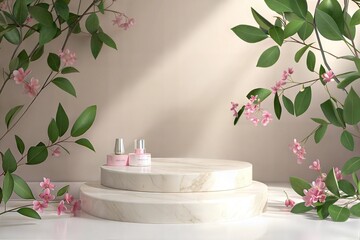 Wall Mural - photo light marble stone podium stand for cosmetics and product display   abstract pastel background with flowers and green leaves