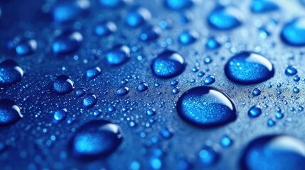 Poster - A close-up of blue water droplets on a smooth surface, with the blue color and the reflection of light creating a visually appealing pattern.