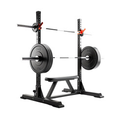 Modern gym equipment for weightlifting, featuring a sturdy squat rack with a barbell loaded with heavy weights for strength training., transparent background