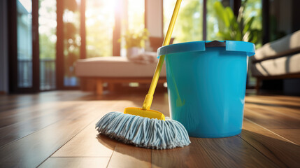 generated illustration of Effectively cleaning the house with a mop, bucket and cleaning products.