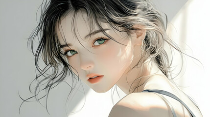 Wall Mural - Anime Girl with Long Black Hair and Green Eyes Looking at Camera in Sunlight