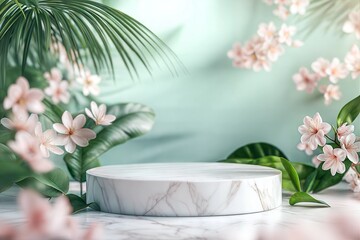 Wall Mural - photo light marble stone podium stand for cosmetics and product display   abstract pastel background with flowers and green leaves