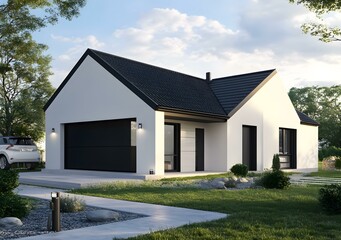 Wall Mural - Modern Minimalist House with Black Trim and Garage Door