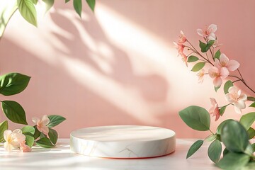 Wall Mural - photo light marble stone podium stand for cosmetics and product display   abstract pastel background with flowers and green leaves