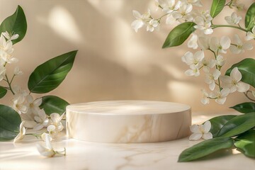 Wall Mural - photo light marble stone podium stand for cosmetics and product display   abstract pastel background with flowers and green leaves