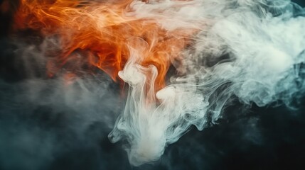 Poster - Swirling patterns of orange and white smoke create an abstract design in a dark environment during a creative art session