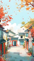 Wall Mural - Traditional Chinese Architecture with Autumn Leaves