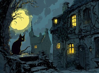 Wall Mural - Black Cat Sitting On Stone Wall Under Full Moon In Front Of Old Houses