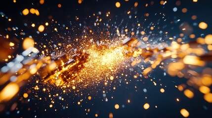 Poster - Dynamic explosion of golden sparks and shimmering lights captured in a high-energy artistic display at night