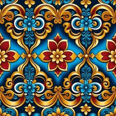 A beautiful blue and gold pattern adorned with red flowers, perfect for adding a touch of elegance to any design