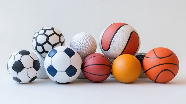A collection of various types of balls including soccer, basketball, and volleyball, arranged neatly on a white background to showcase their diversity.