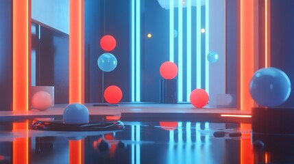 Poster - Brightly lit abstract space with glowing spheres and colorful neon accents in a modern environment at night