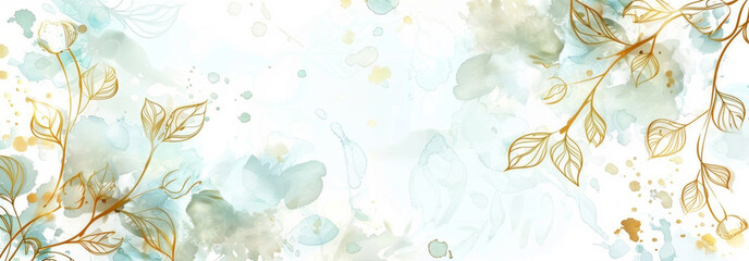 Poster - Floral background blue and green watercolor stains. Golden cherry leaves wall art with shiny light texture.