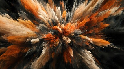Aufkleber - Dynamic explosion of vibrant colors creating an abstract pattern with shades of orange, black, and cream against a dark background
