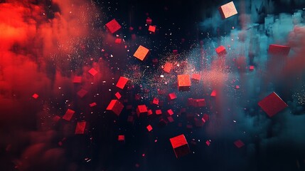 Poster - A vibrant explosion of red cubic shapes and sparkles amidst a dark swirling backdrop during an abstract art display at night