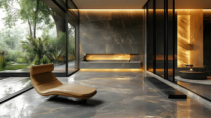 Modern interior design featuring a lounge chair and elegant stone finishes.