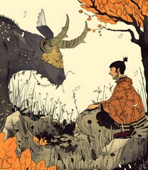 Man and Mythical Creature in Autumnal Forest