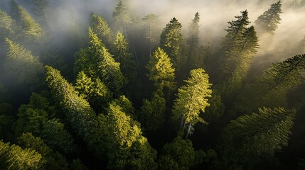 Wall Mural - Aerial view of misty evergreen forest in early morning light with sun rays illuminating tree tops and surrounding fog