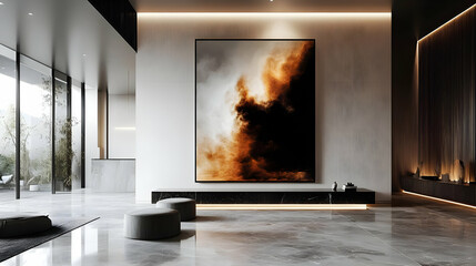 Wall Mural - Modern interior with a large abstract painting and minimalist furniture.