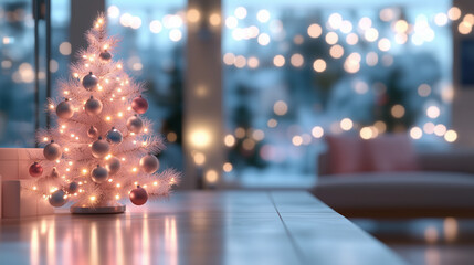 Wall Mural - A small Christmas tree with lights and ornaments sits on a table