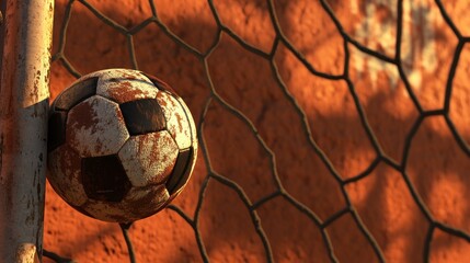 A close-up of a weathered soccer ball caught in a goal net against an orange wall.