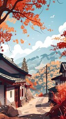 Sticker - Japanese Autumn Village Landscape with Mountain View