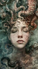 Wall Mural - A woman's face is covered in tentacles, her eyes closed, with a dark and eerie atmosphere.