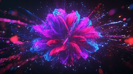 Poster - Colorful explosion of abstract particles creating a vibrant flower-like pattern against a dark background