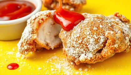  Fried Chicken piece coat with flour or batter, tomato or ketchup sauce dipping isolated on transparent background, yummy fast food, Crispy Chicken Strips created with generative ai