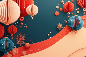 Colorful paper lanterns and snowflakes on red and blue background with abstract shapes and dots