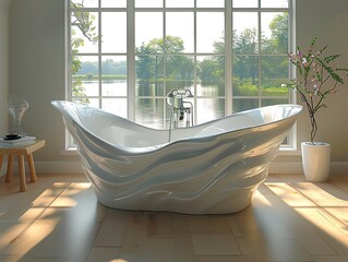 Wall Mural - Modern bathtub with a view of a lake and trees through a large window.