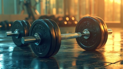 Sticker - A close-up view of a dumbbell on a gym floor, emphasizing fitness and strength training.