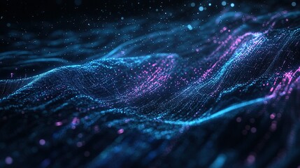 Poster - A vibrant display of blue and purple waves of light swirling in a dark, digital space creating a mesmerizing visual experience at night