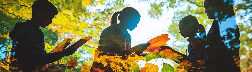 Students collecting vibrant leaves in a reforested area for study close up