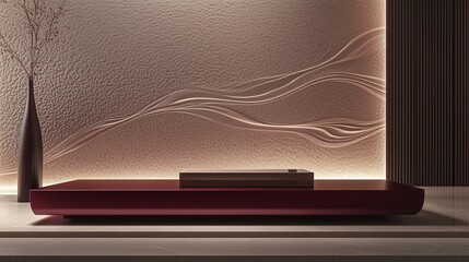The sleek, burgendy product platform stands out against the detailed, textured walls. Subtle lighting enhances the calm, luxurious setting.