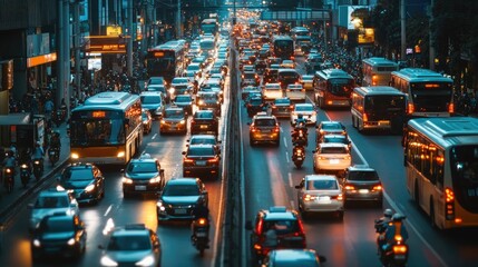 Poster - A dynamic scene of rush hour traffic with cars, buses, and motorcycles navigating through a crowded city street, capturing the energy and movement of urban transport.