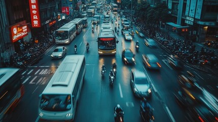 Poster - A dynamic scene of rush hour traffic with cars, buses, and motorcycles navigating through a crowded city street, capturing the energy and movement of urban transport.