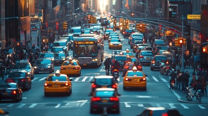Poster - A dynamic scene of rush hour traffic with cars, buses, and motorcycles navigating through a crowded city street, capturing the energy and movement of urban transport.