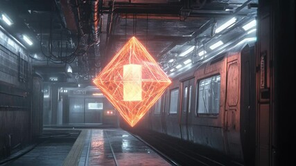 Poster - glowing futuristic cube floating in a dimly lit subway station