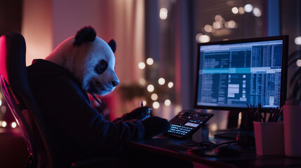 Wall Mural - A panda working late in a dimly lit office, intensely focused on a monitor filled with data sets, spreadsheets, and Pandas functions, symbolizing data-driven business decisions.