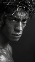 Wall Mural - Close-up portrait of a young man with a crown of thorns and water droplets on his skin, looking intensely at the camera.