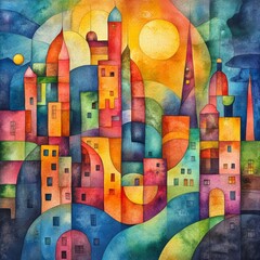 Sticker - Abstract Watercolor Cityscape with Sunset